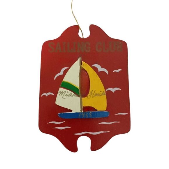 Vintage Miami Florida Ornament Christmas Wood Handpainted Sailboat Seagulls - Picture 7 of 11